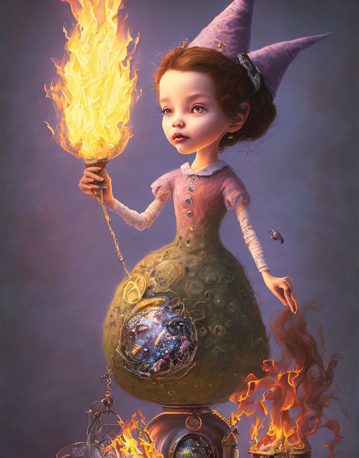 Young witch illustration with large eyes, torch, hat, and cauldron