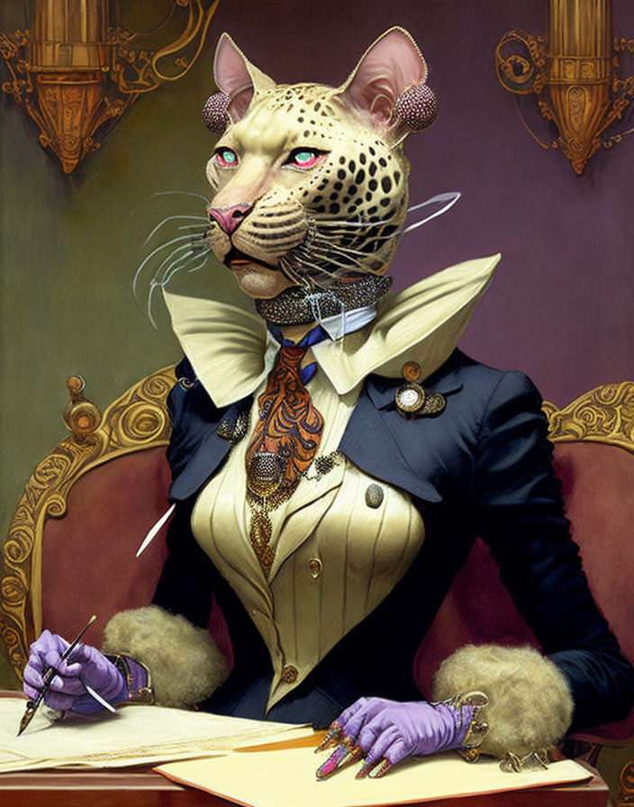 Anthropomorphic leopard in Victorian attire at desk with pen