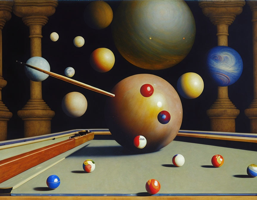 Surreal artwork: Pool balls in motion with planets and classical architecture