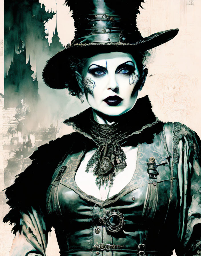 Pale-skinned person in gothic steampunk outfit with dark makeup