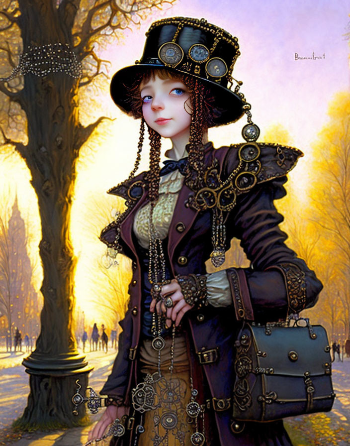 Steampunk-themed woman in elaborate outfit on sunlit avenue