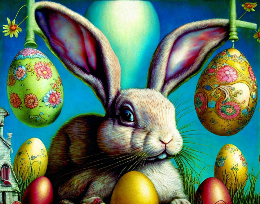 Illustration of brown rabbit with large ears among Easter eggs and whimsical castle.