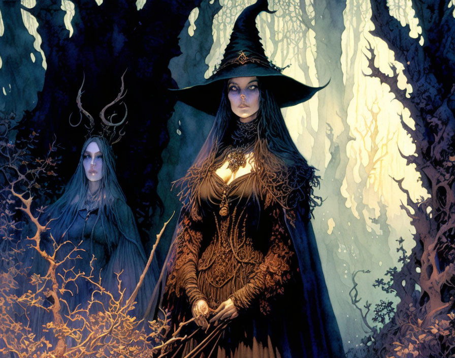 Mystical women in dark robes and hats in enchanted forest