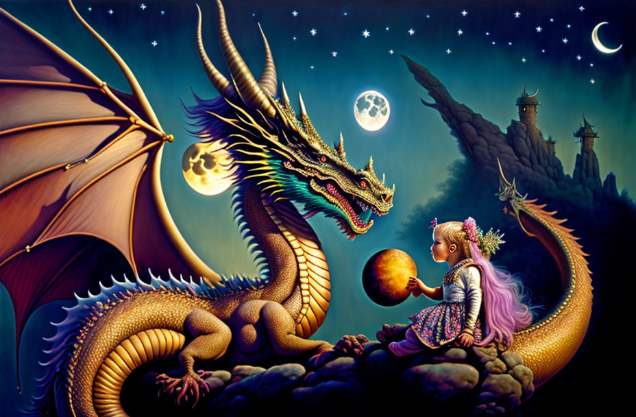 Illustration of girl, dragon, and castles under starry sky with moon orbs