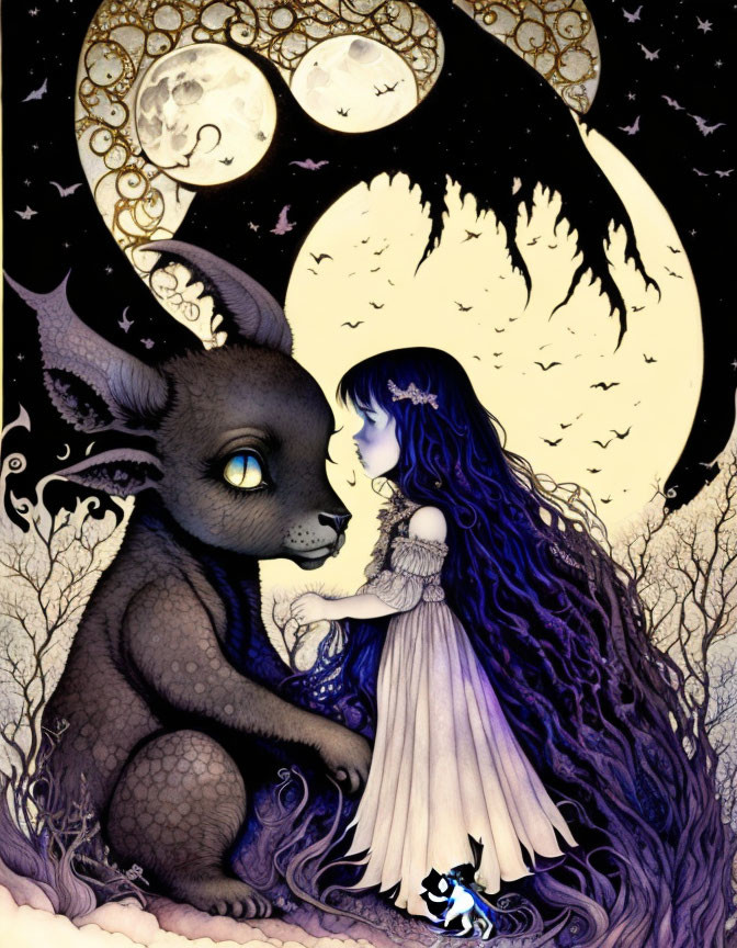 Girl in long dress with fantastical creature under full moon