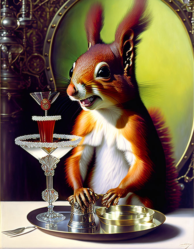 Illustrated squirrel in formal setting serving cocktail with cherry on clock face background