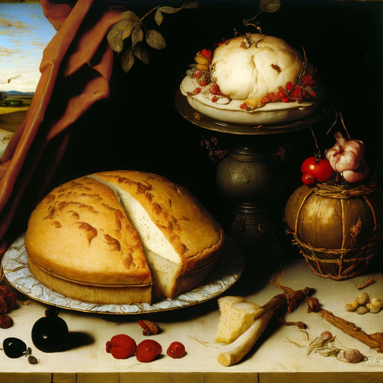 Baroque-style still life painting with pie, urn, nuts, and garlic bulb