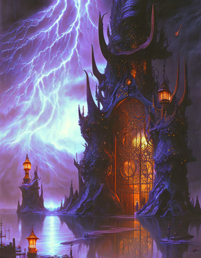 Gothic fantasy castle at night in stormy sky with lightning.