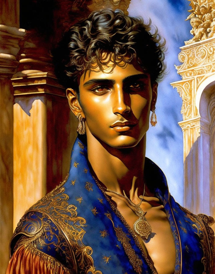 Regal man illustration with curly hair, gold accessories, and blue star-patterned garment