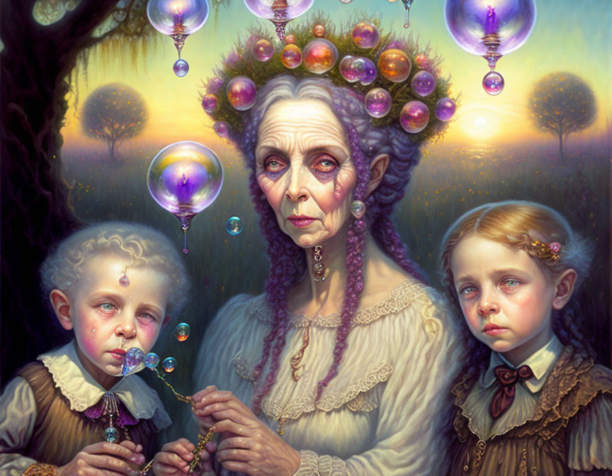 Elderly woman with floating orbs crown and children in mystical forest