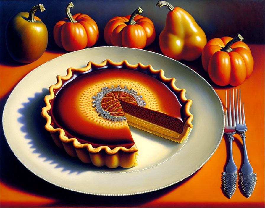 Colorful Pumpkin Pie Painting with Slice Cut Out, Pumpkins, and Silverware