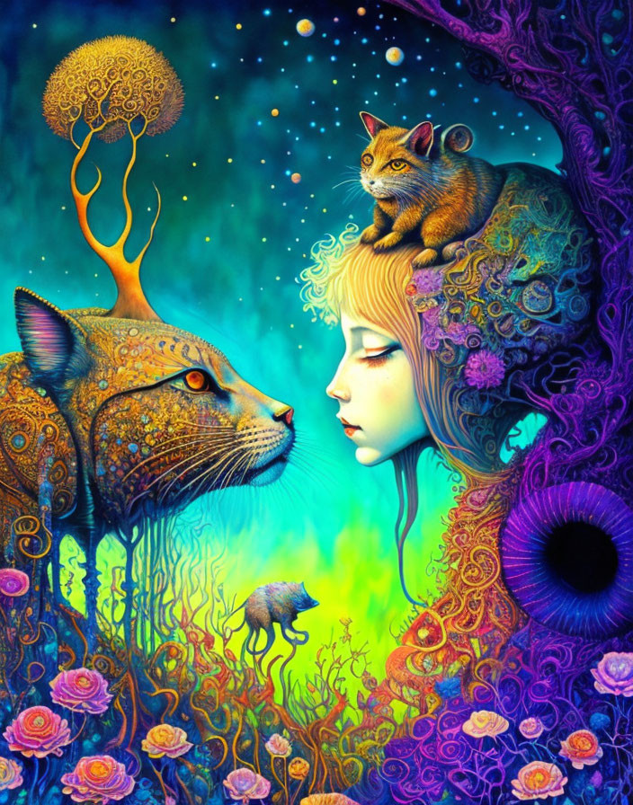 Colorful artwork: woman with floral patterns, cat-like creature, small cat on tree, surreal flora