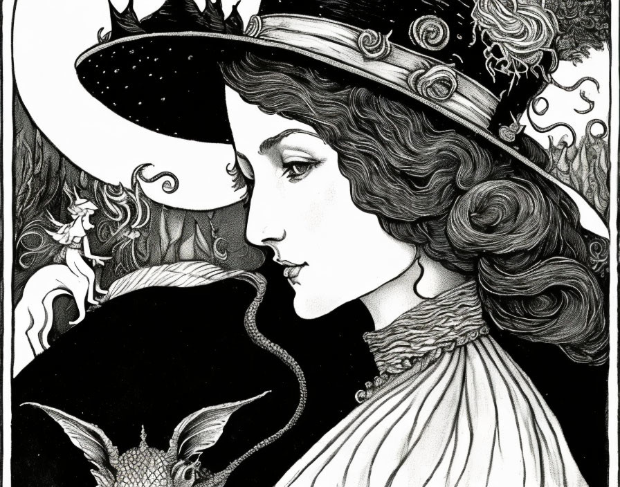 Vintage Woman Illustration with Elaborate Hat and Floral Patterns