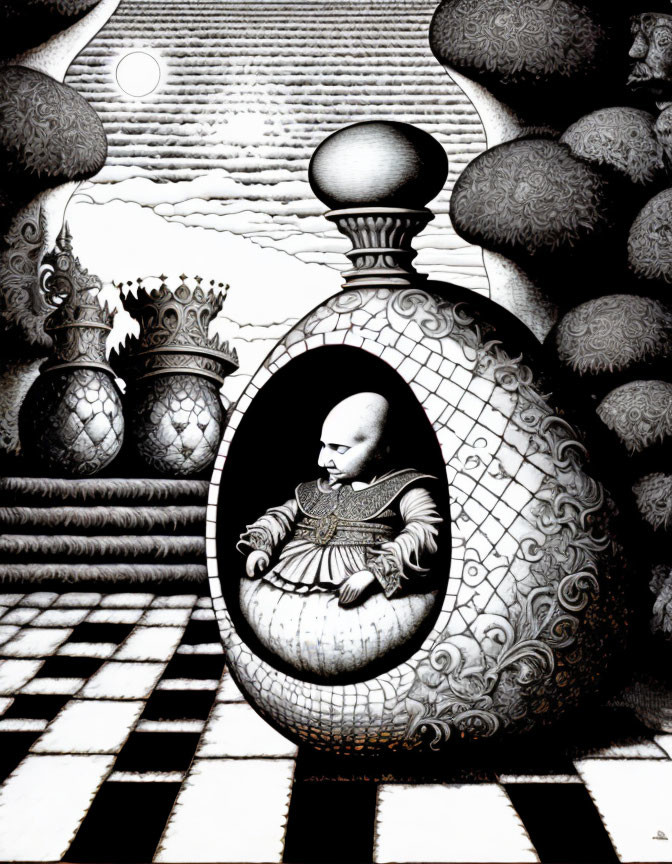 Surreal black and white artwork: Bald figure in Elizabethan attire inside an egg, checkerboard