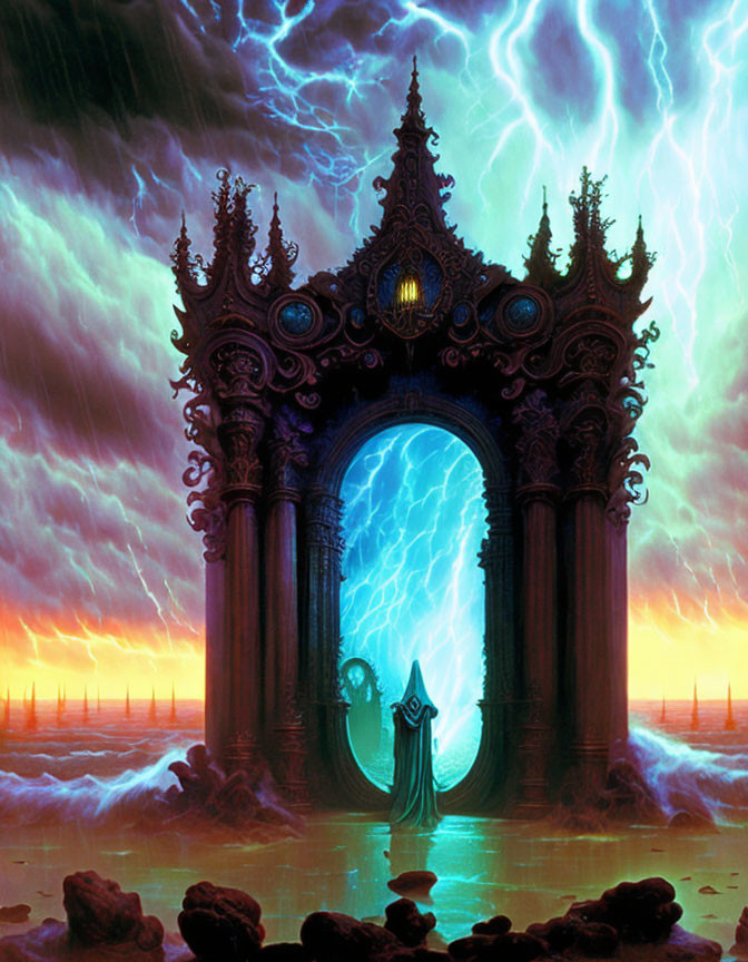 Gothic archway with cloaked figure in stormy setting