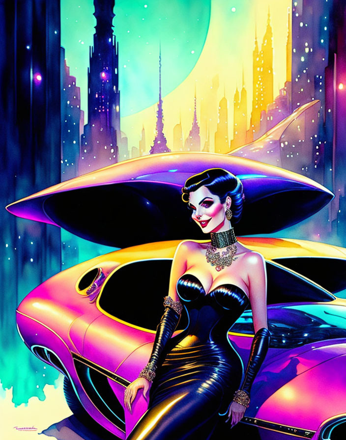 Glamorous woman in black dress leaning on futuristic car with neon-lit cityscape.