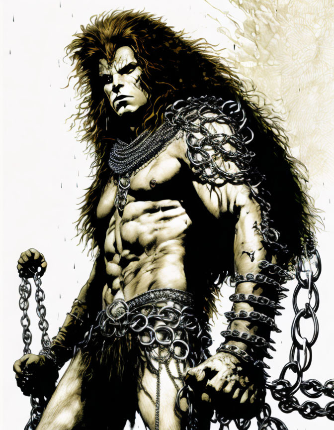 Muscular man with wild hair and tribal jewelry in fierce pose.