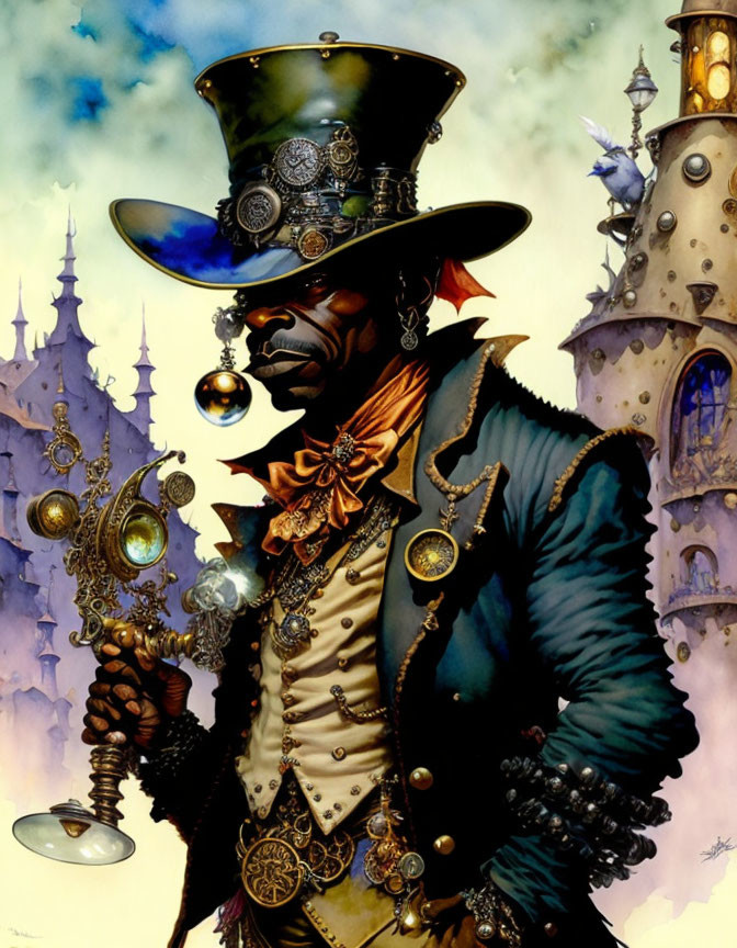 Steampunk character with top hat, goggles, and scepter in front of fantastical towers