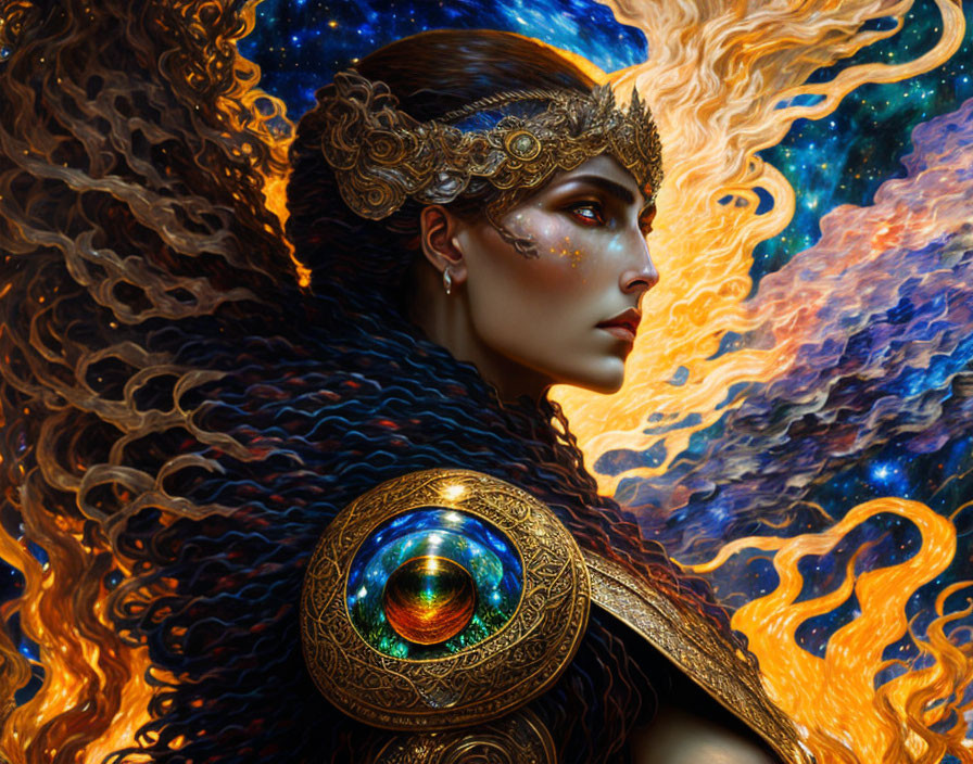 Fantasy illustration of woman with golden headgear and cosmic background.