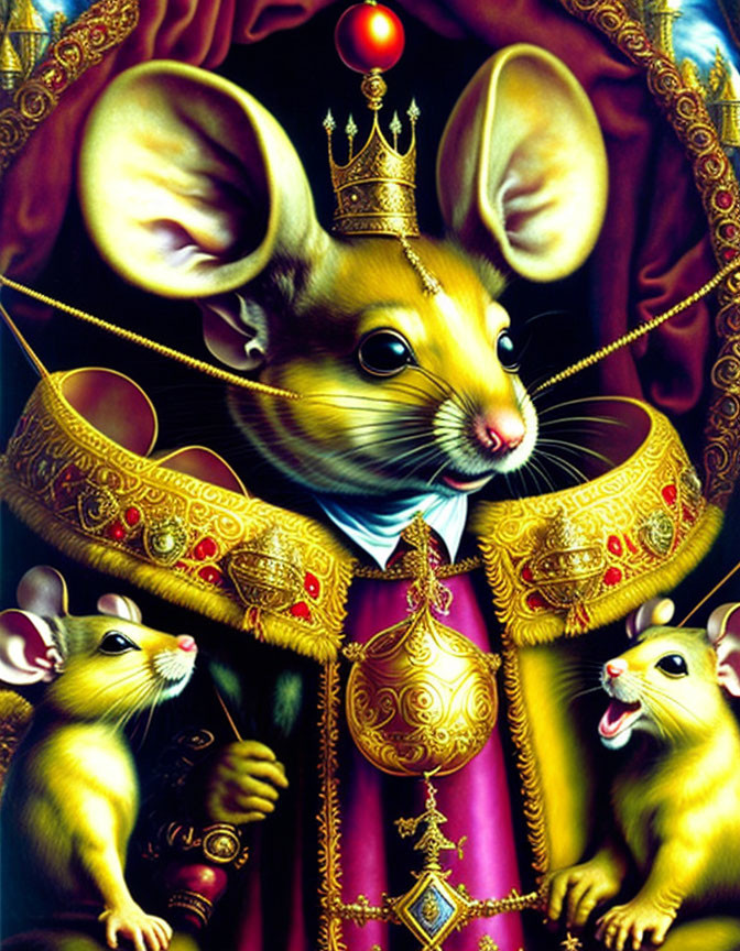 Regal mice in golden crown and purple robe on dark backdrop