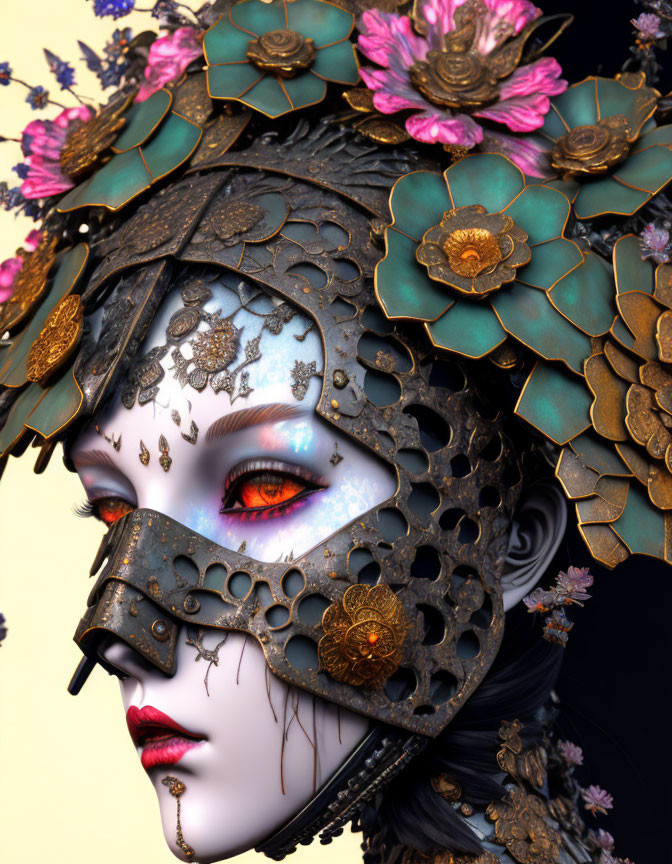 Intricate Metallic Floral Fantasy Mask with Vibrant Makeup