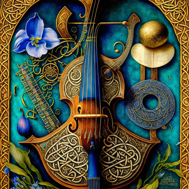 Intricate Blue and Gold Stringed Instrument with Floral Motif