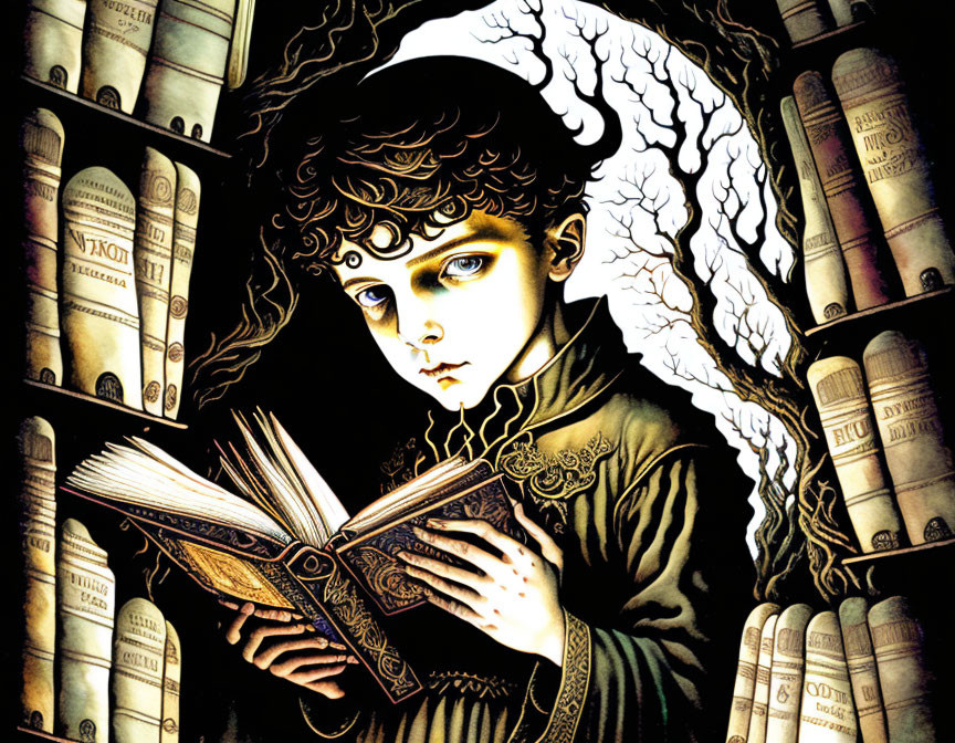 Illustration of child reading book in library setting