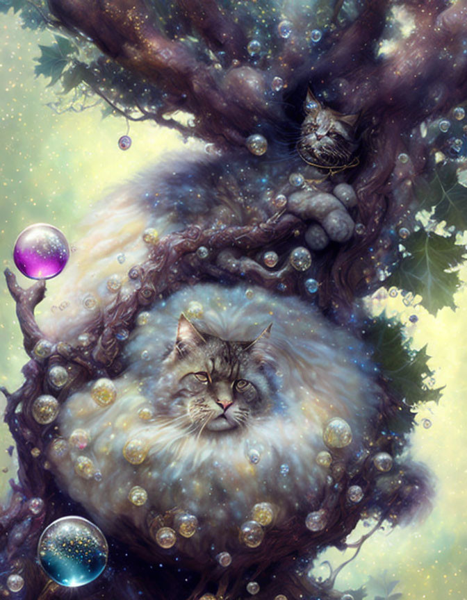 Whimsical artwork of fluffy cats in cosmic tree scene