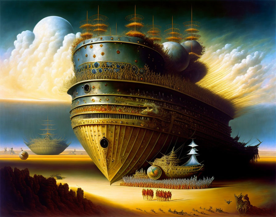 Surreal painting featuring large ships in a desert landscape