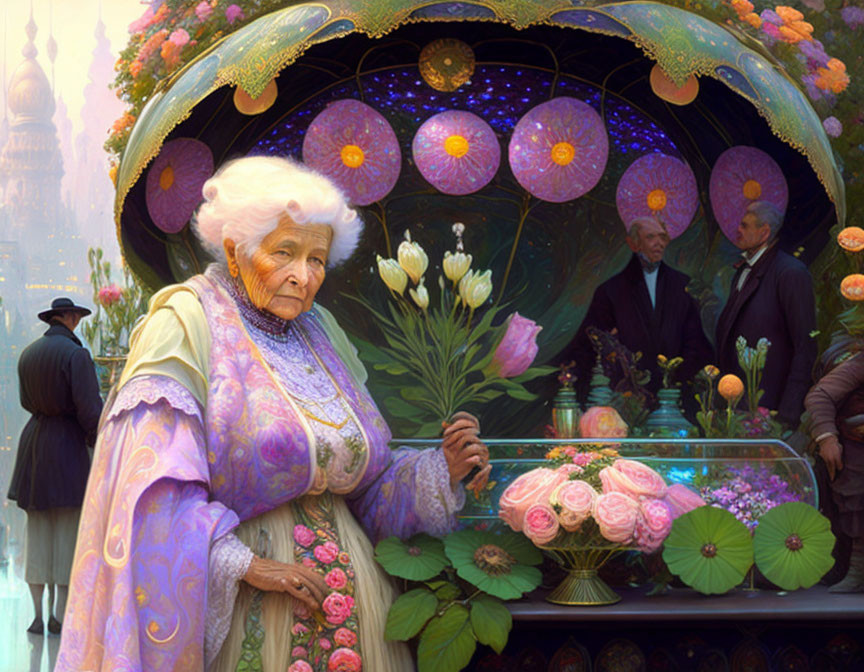 Elderly woman in vintage attire with large pink flower at vibrant floral stall