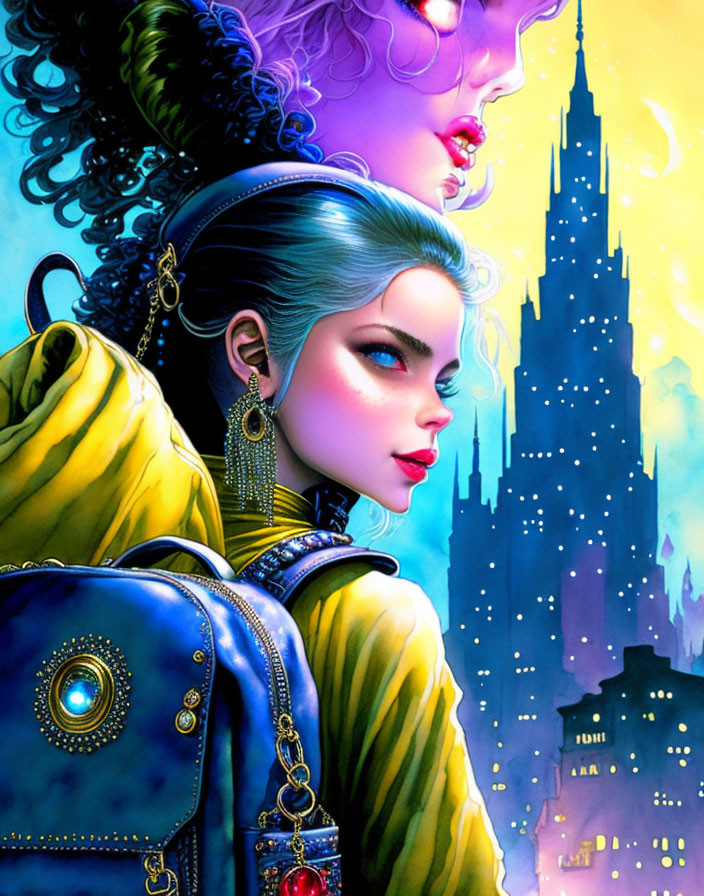 Colorful illustration of two women with intricate hair and makeup in modern outfits against a fantastical cityscape