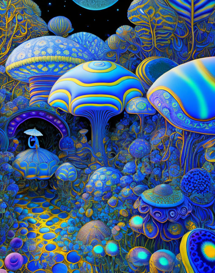 Colorful Psychedelic Mushroom Forest Illustration with Small Figure and Glowing Mushroom