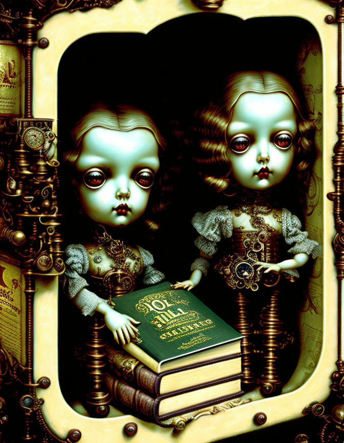 Surreal doll-like figures with oversized eyes beside books in vintage frame