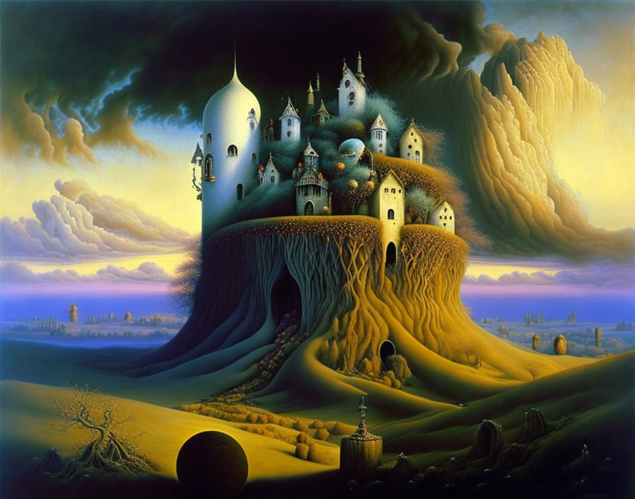 Surreal landscape painting with tree-like structure and castle-like buildings