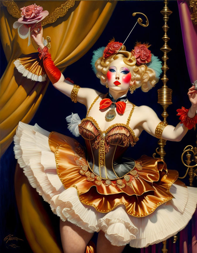 Whimsical female puppet with rose and marionette control bar on stage