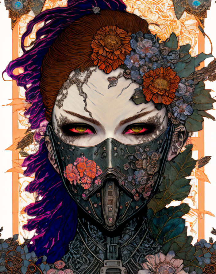 Illustrated female with floral mask, red eyes, ornate patterns, and purple hair.