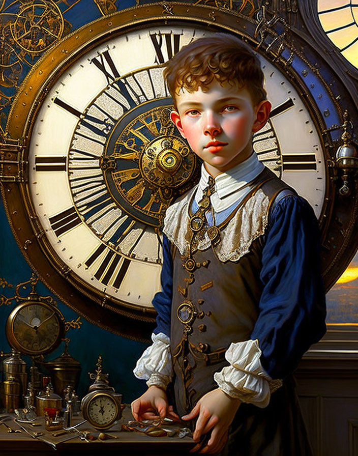 Historically dressed boy in front of ornate clock and timepieces in warm, golden light