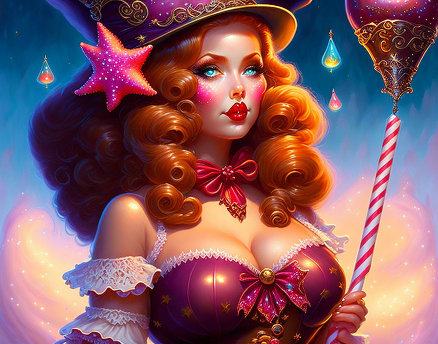 Whimsical wizard-themed woman illustration with starry hat and wand