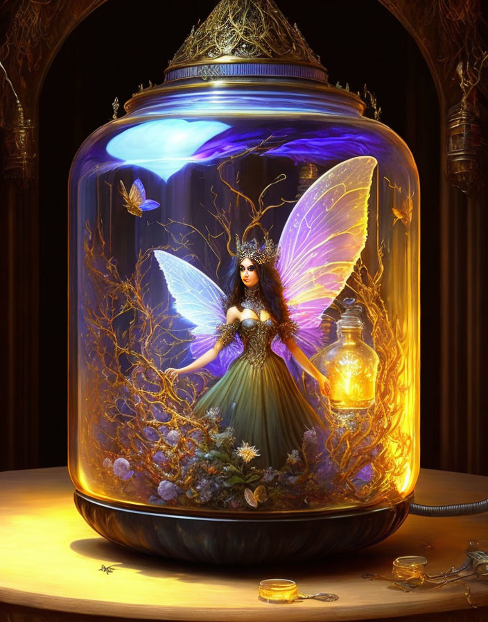 Fantasy illustration of winged fairy in glass jar with lights, branches, and butterflies.