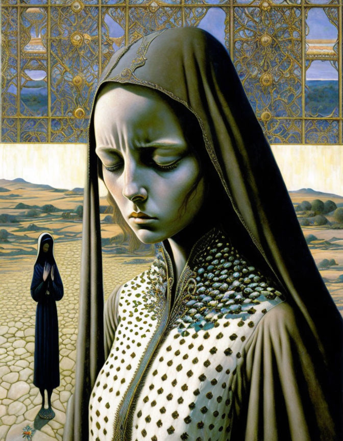 Traditional hooded woman in desert painting with golden window screen