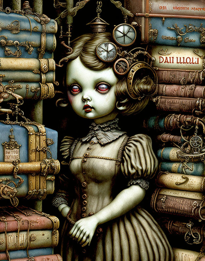 Gothic doll-like girl with mechanical parts among vintage books