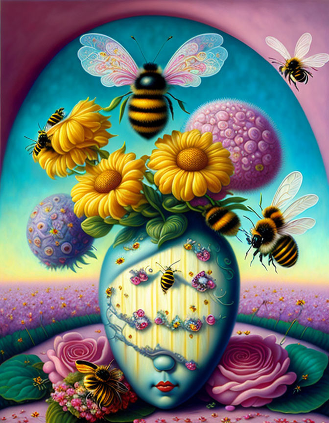 Surreal painting: Woman's face on egg-shaped canvas with flowers and bees