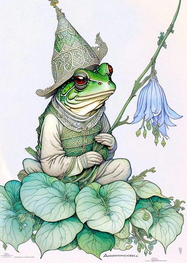 Medieval-themed anthropomorphic frog with spear on lily pad