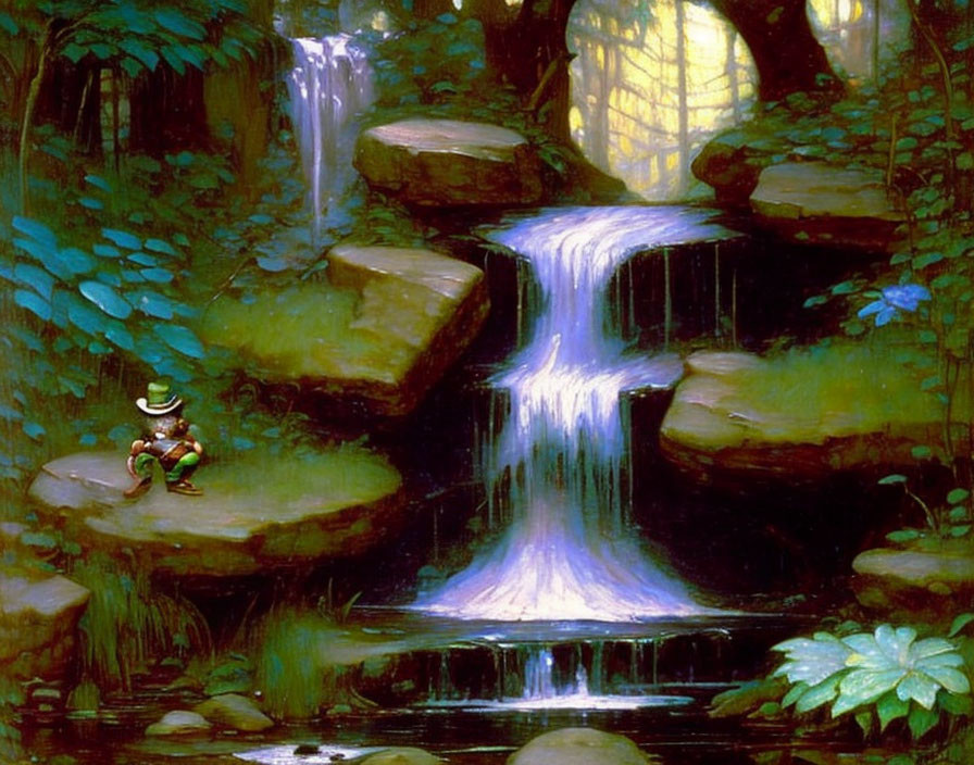 Enchanted forest scene with layered waterfall and solitary figure in natural light