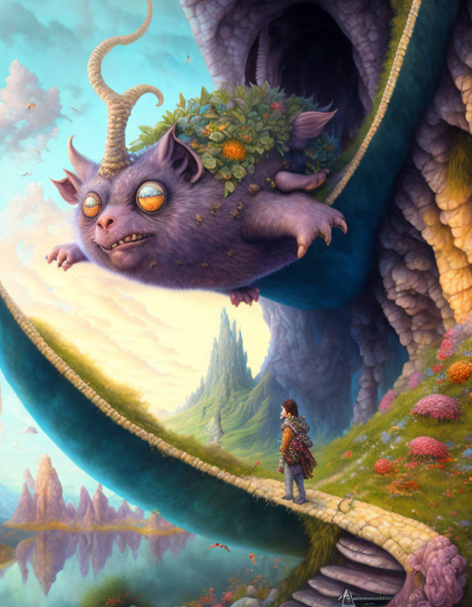 Person admires chubby dragon flying over surreal landscape