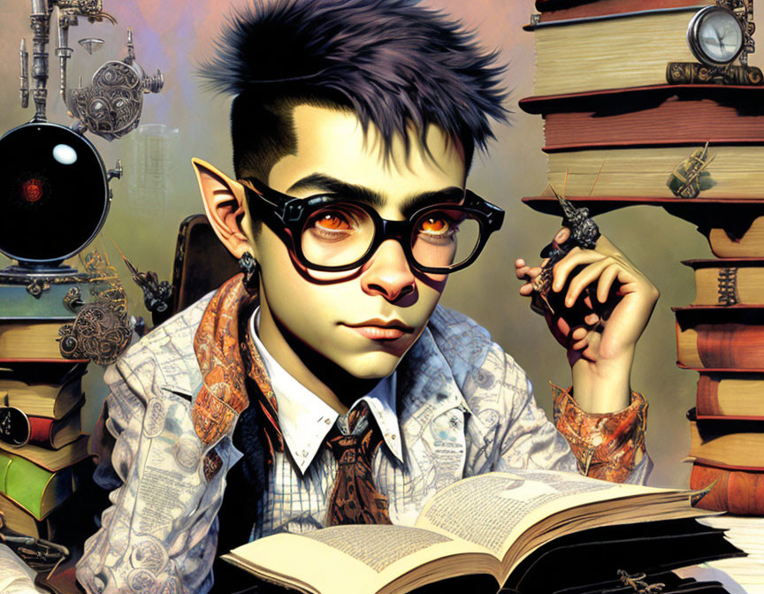 Anthropomorphic monkey with glasses studying among books and steampunk gears