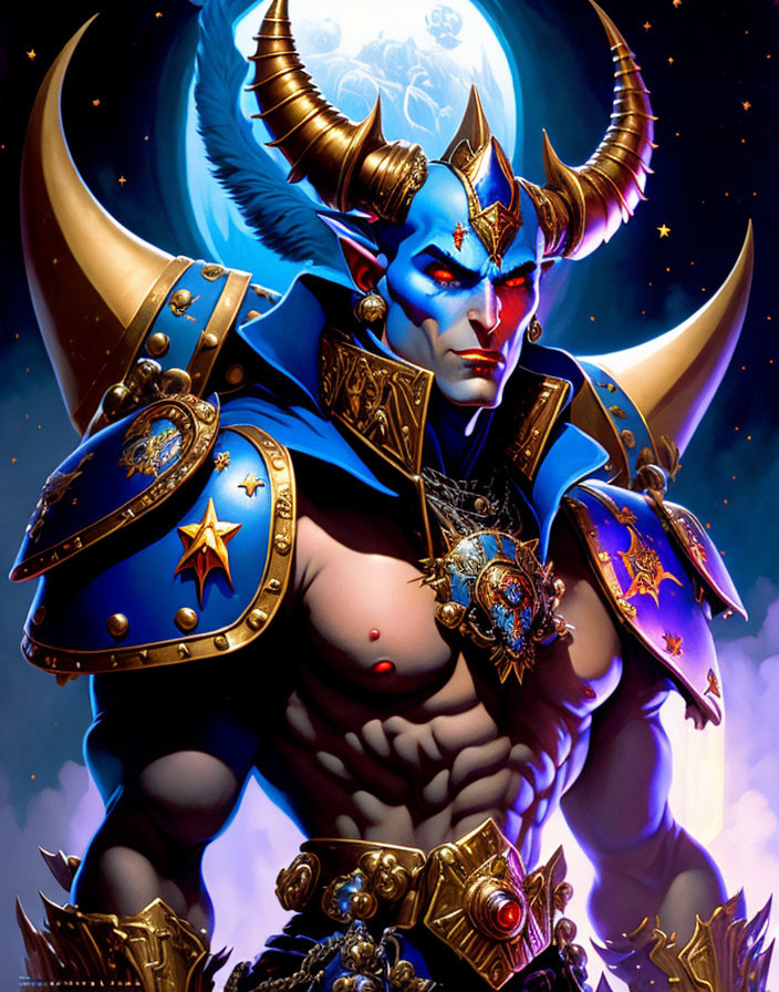 Detailed fantasy creature with blue skin, horns, warrior attire, stars, and cosmic backdrop