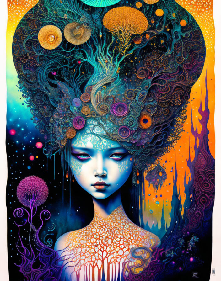 Colorful artwork featuring female figure with cosmic floral headpiece