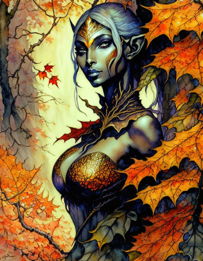 Fantasy artwork: Elf in golden armor among autumn leaves