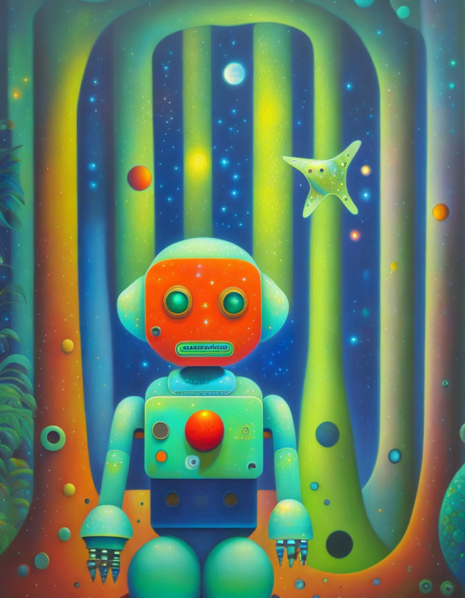 Colorful Whimsical Robot Painting with Star-shaped Head in Fantastical Setting